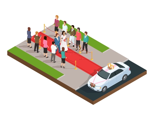 Wedding ceremony isometric composition with just married couple on the red carpet vector illustration