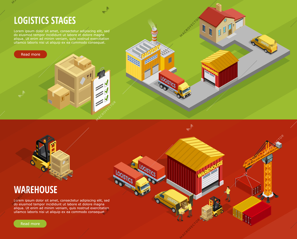 Logistics isometric horizontal banners with steps of delivery and transportation processes vector illustration