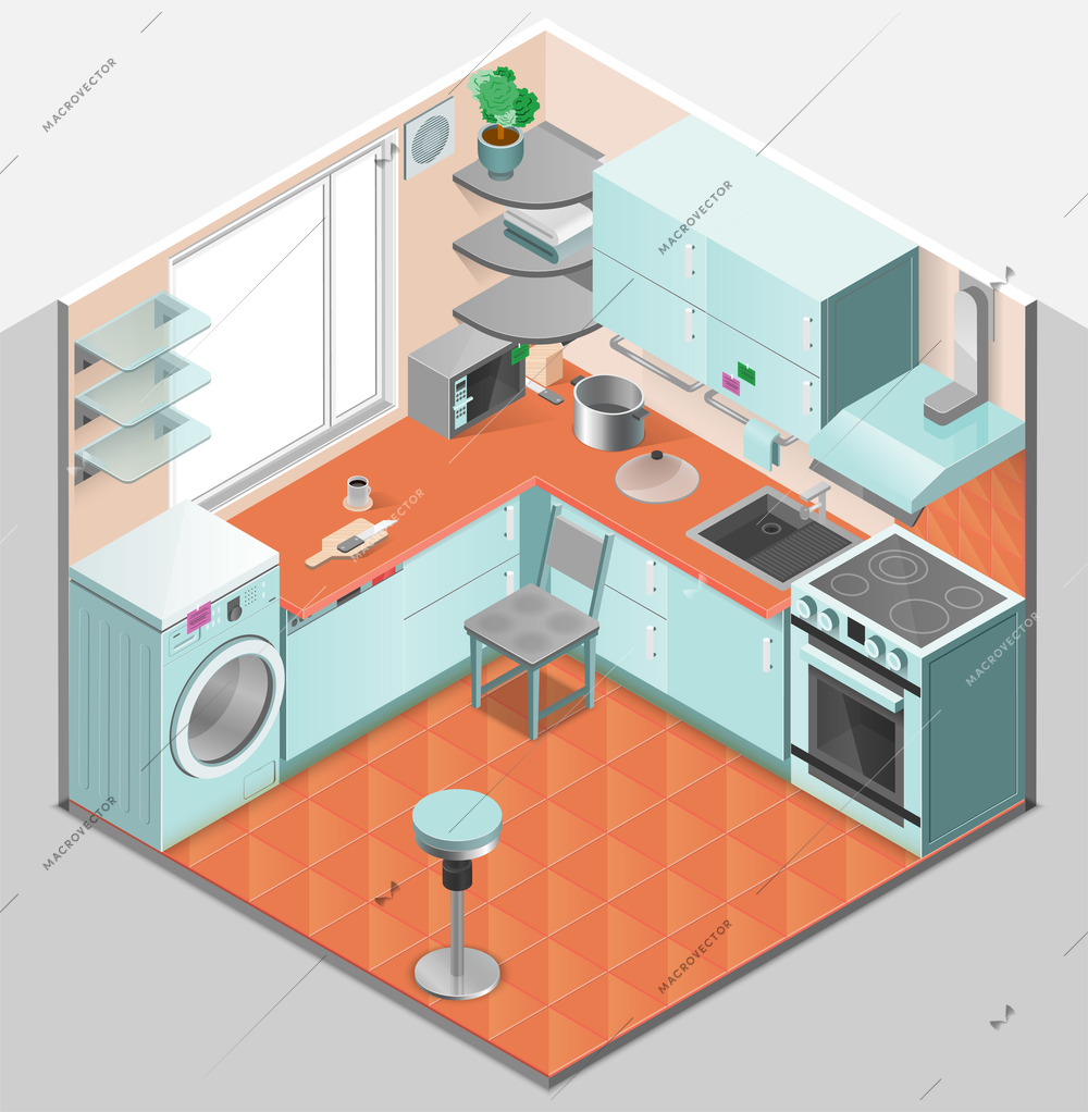 Kitchen interior isometric template with washer oven chair shelves microwave sink ventilation and appliances isolated vector illustration