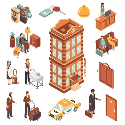 Hotel isometric icons set with modern multistory hotel building yellow taxi car reception bellman maid and visitors persons vector illustration