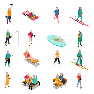 Male and female elderly people leading active life isometric icons set isolated on white background vector illustration