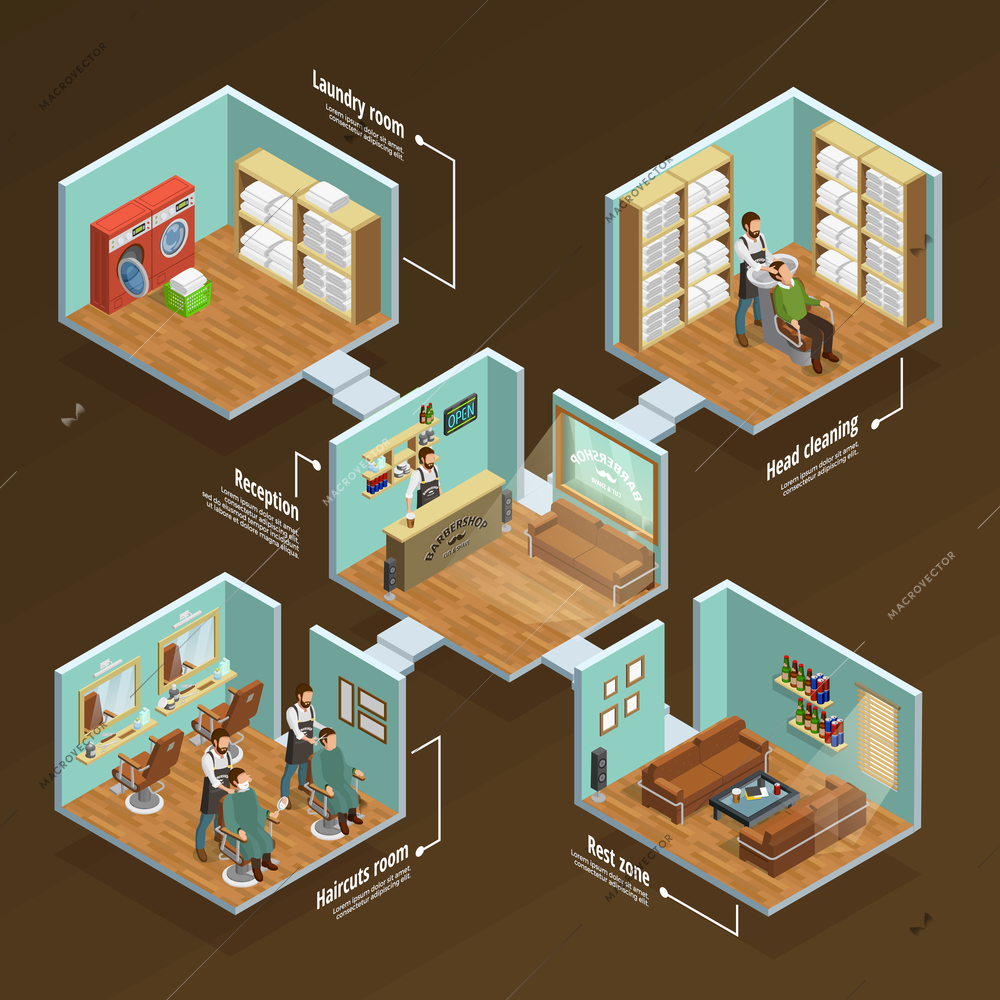 Barbershop isometric concept with haircut room and laundry on brown background vector illustration