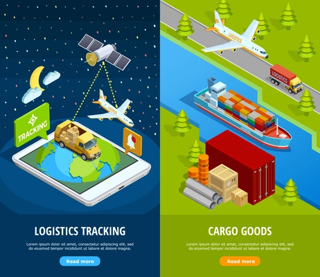 Delivery isometric vertical banners with logistic means of tracking and different types of transport vector illustration