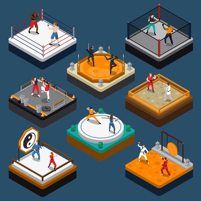 People fighters and martial arts tournaments on various rings and dojo isometric composition isolated on blue background vector illustration