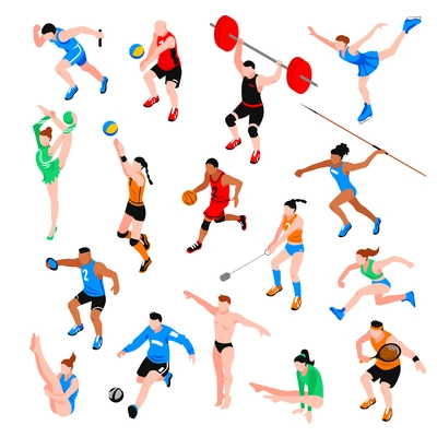 Sport isometric set with sportsmen of ball olympic games throwing competition athletics isolated vector illustration