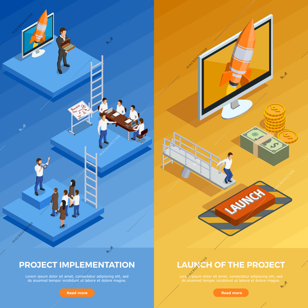 Business strategy isometric vertical banners with stages of planning and goal achievement vector illustration