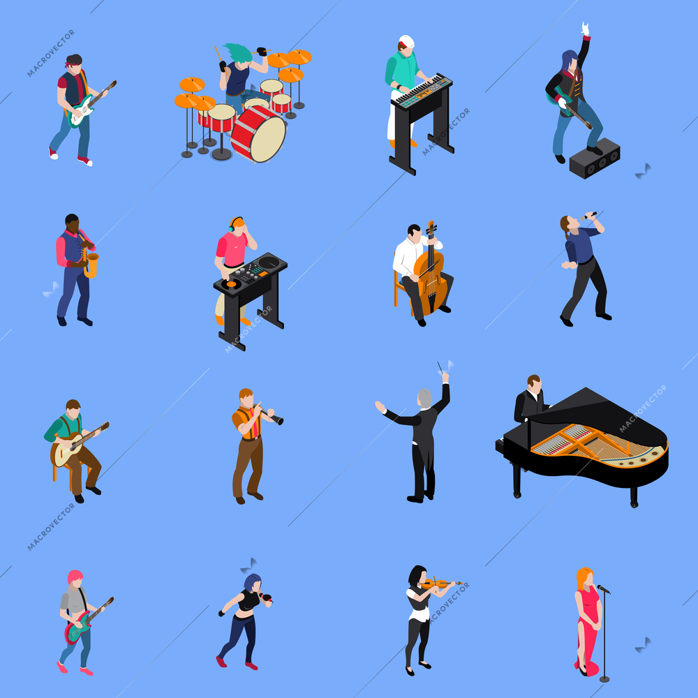 Musicians people singing and playing various musical instruments isometric icons set isolated on blue background vector illustration