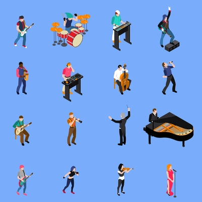 Musicians people singing and playing various musical instruments isometric icons set isolated on blue background vector illustration