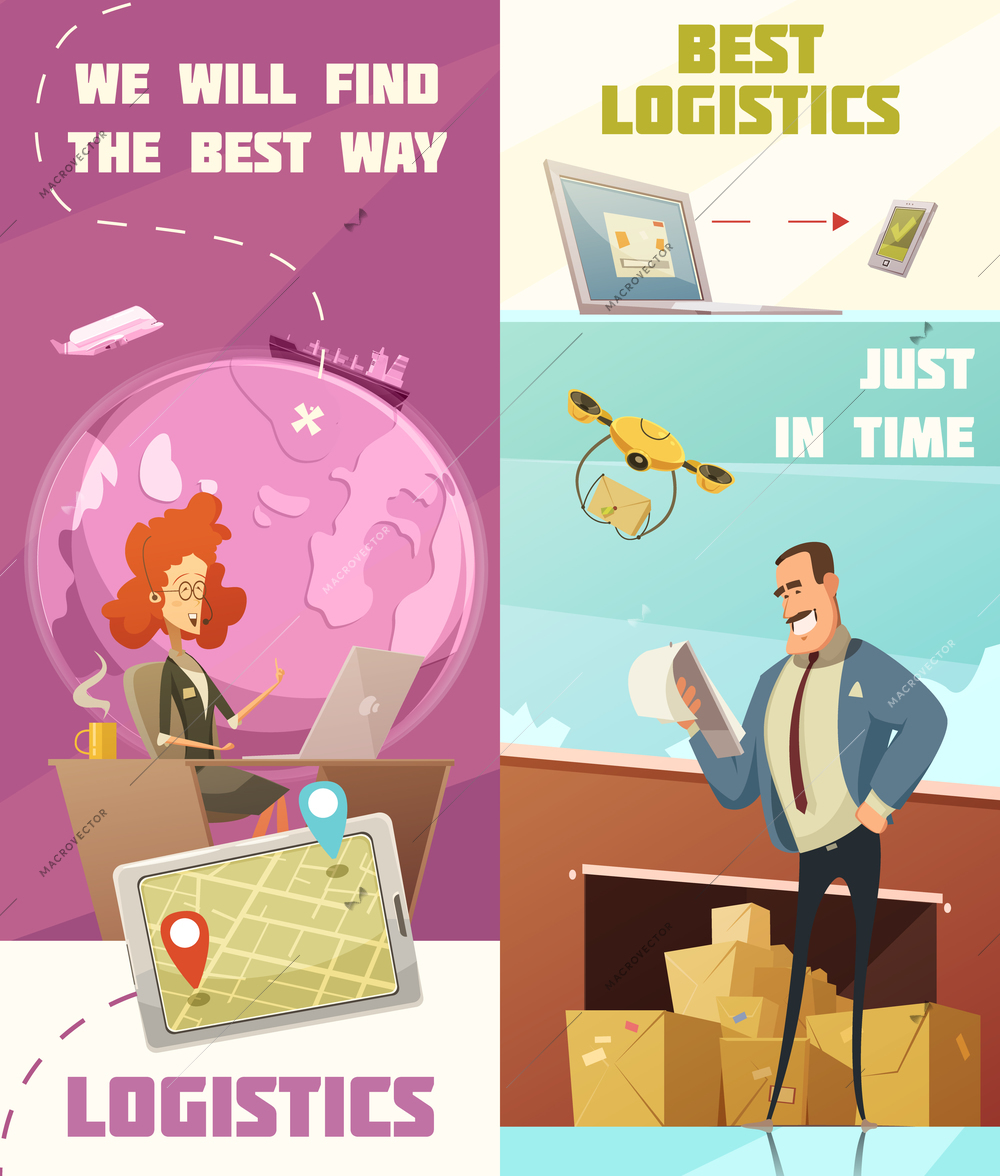 Logistics vertical cartoon banners set with cargo symbols isolated vector illustration