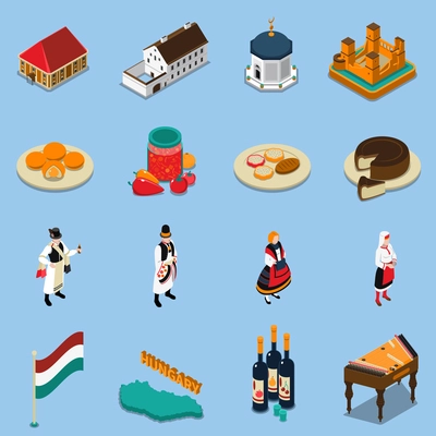 Hungary isometric touristic icons set with hungarian national costumes symbols architecture and cuisine isolated on blue background vector illustration