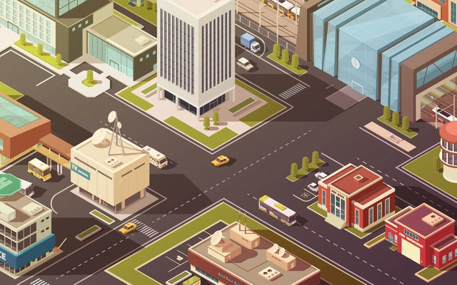 Government buildings city streets roads and traffic isometric vector illustration