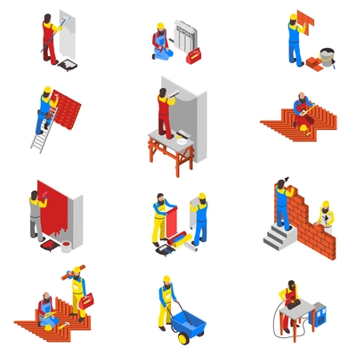 Builder people isometric icons set with equipment and tools isolated vector illustration