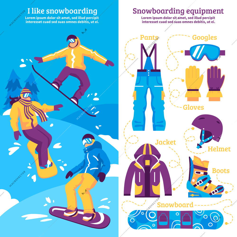 Snowboarding vertical banners with snowboarders sliding downhill and set of sporting equipment flat vector illustration