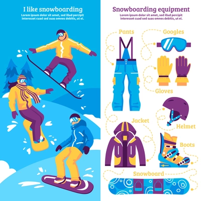 Snowboarding vertical banners with snowboarders sliding downhill and set of sporting equipment flat vector illustration