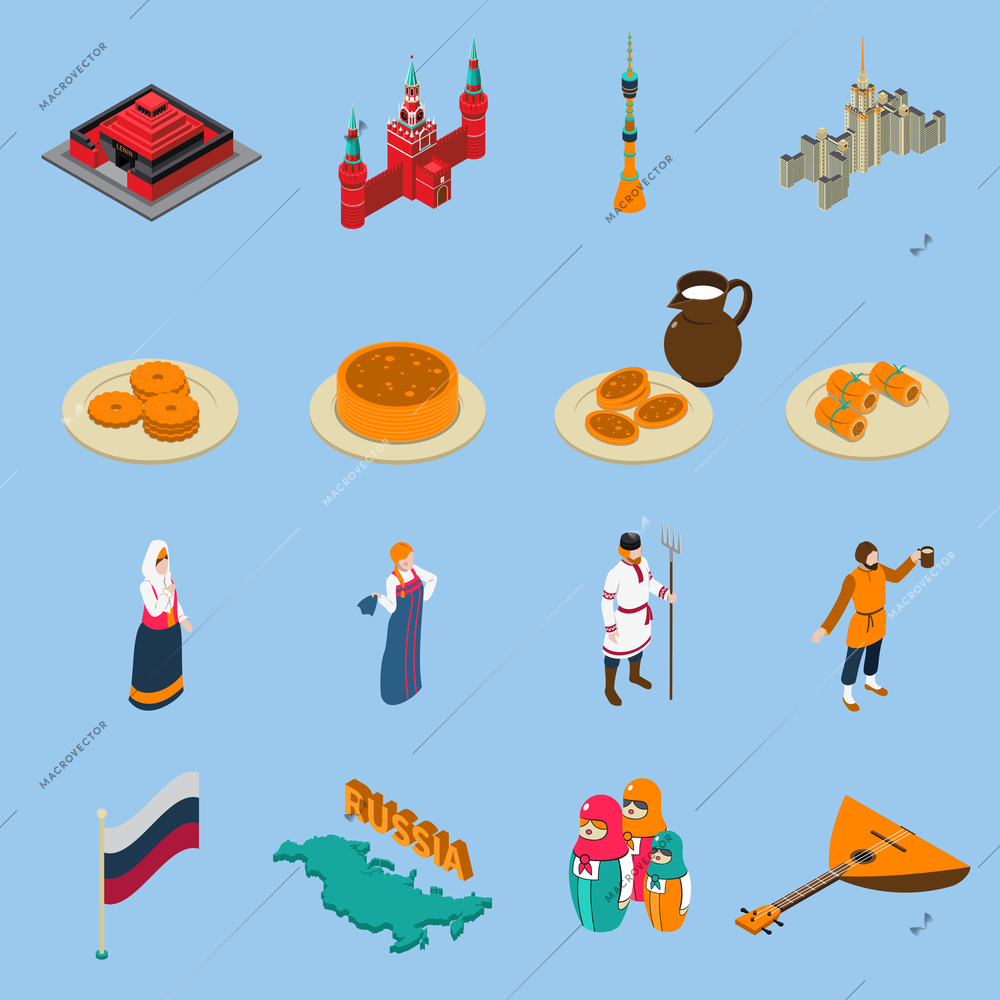 Russia isometric touristic icons set of famous buildings traditional russian cuisine national constumes and symbols isolated vector illustration