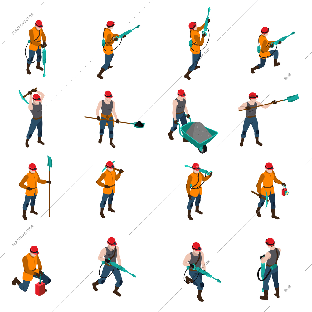 Miner people wearing uniform and holding mining inventory isometric icons set isolated on white background vector illustration