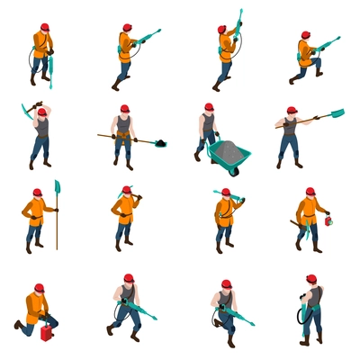 Miner people wearing uniform and holding mining inventory isometric icons set isolated on white background vector illustration