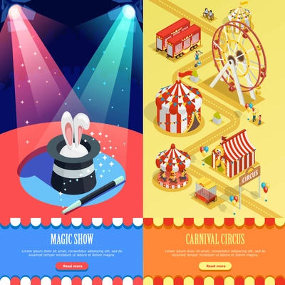 Circus magic show and carnival fairground 2 isometric vertical banners webpage design with striped tents Isolated vector illustration