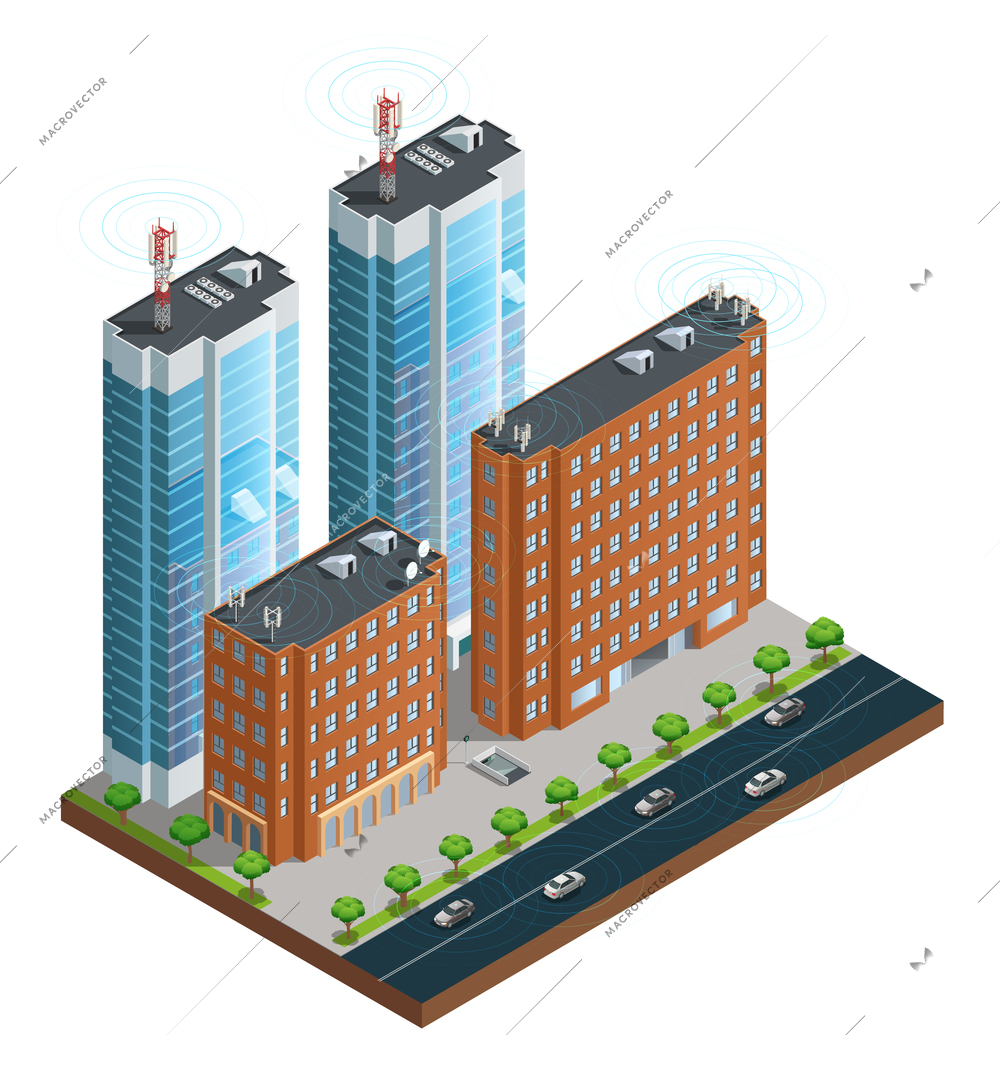 Isometric composition of town street with devices in houses tower and cars connected by wireless network vector illustration