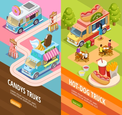 Street food candy and hotdogs trucks in attraction park 2 isometric vertical banners webpage design isolated vector illustration