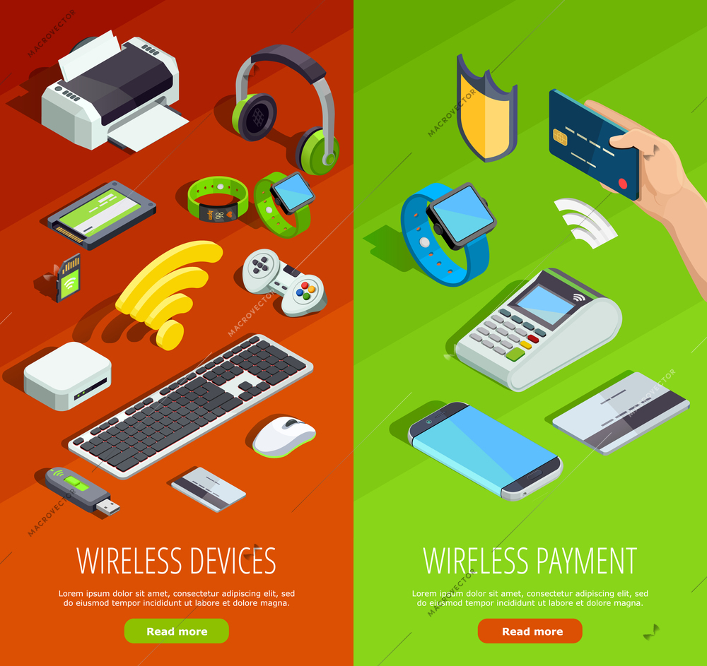 Modern wireless technology internet connection safety and electronic devices 2 vertical isometric banners set isolated vector illustration