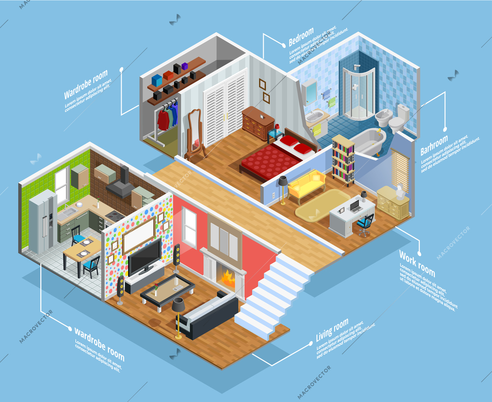 Interior isometric composition with furniture rooms and comfort symbols vector illustration