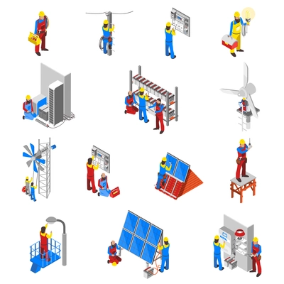 Electrician icons set with tools and equipment isometric isolated vector illustration