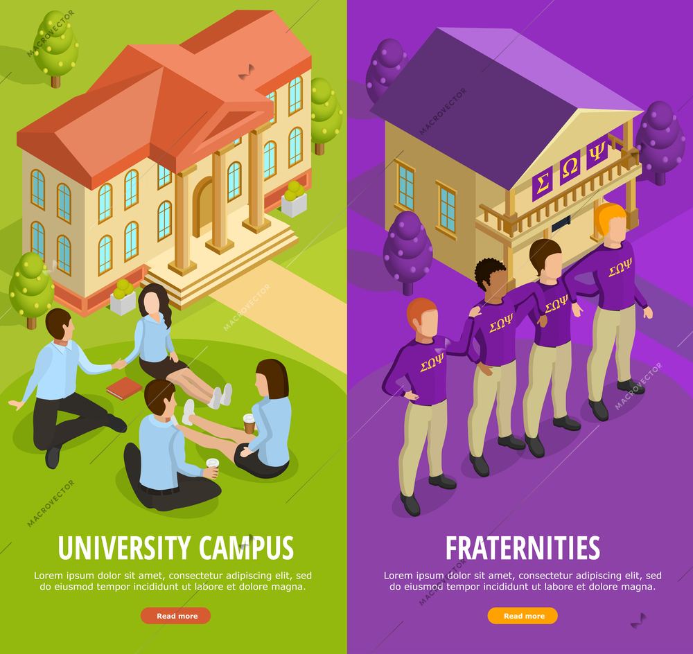 University education 2 vertical isometric colorful background banners with student campus life and fraternities isolated vector illustration