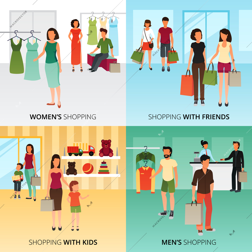 Shopping concept icons set with women and men shopping symbols flat isolated vector illustration