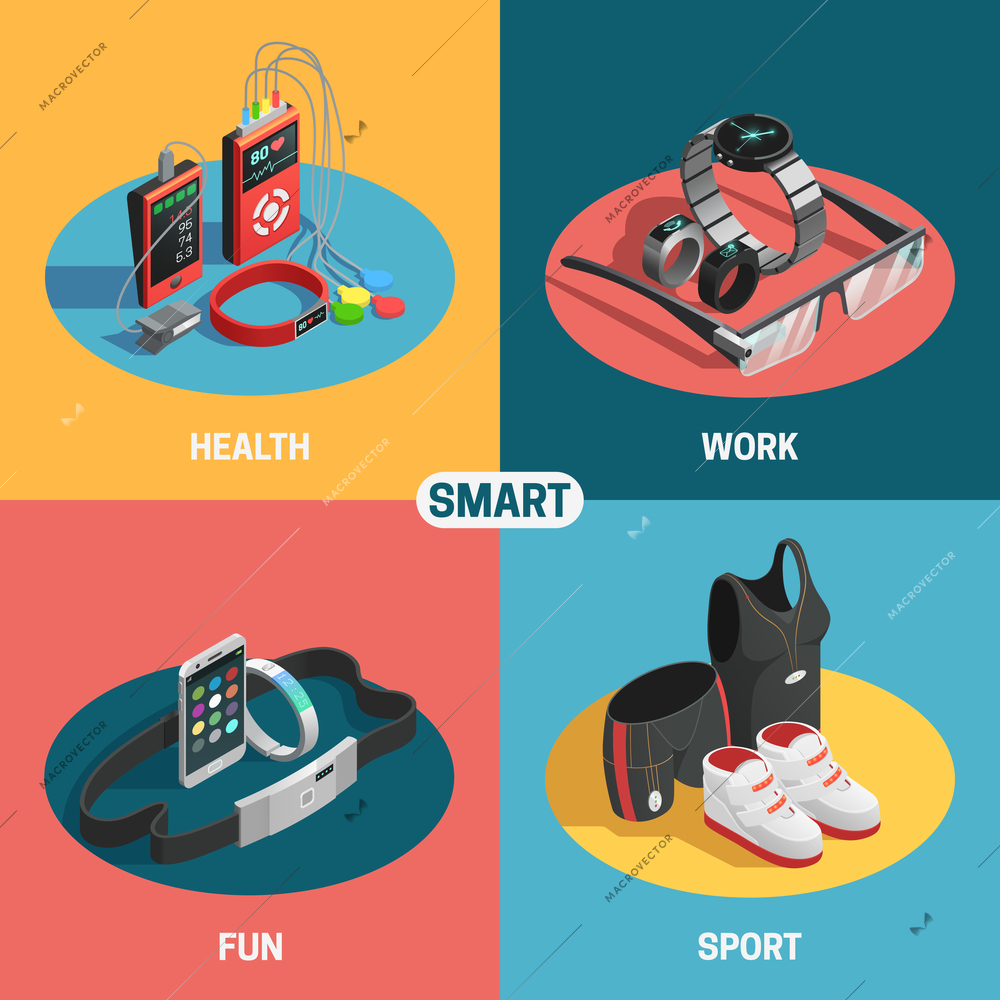 Wearable technology set with digital devices for health work fun and sport vector illustration