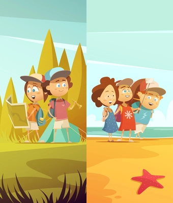 Camping kids vertical banners set with forest and beach symbols cartoon isolated vector illustration