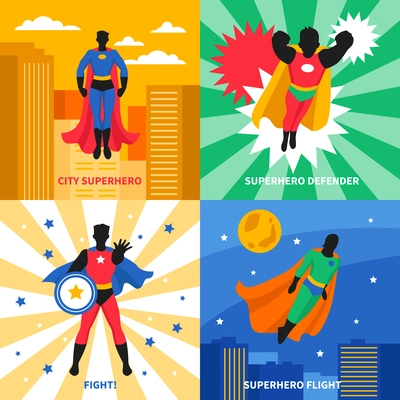 Superhero defender 2x2 design concept set of colorful compositions on city and abstract backgrounds cartoon vector illustration