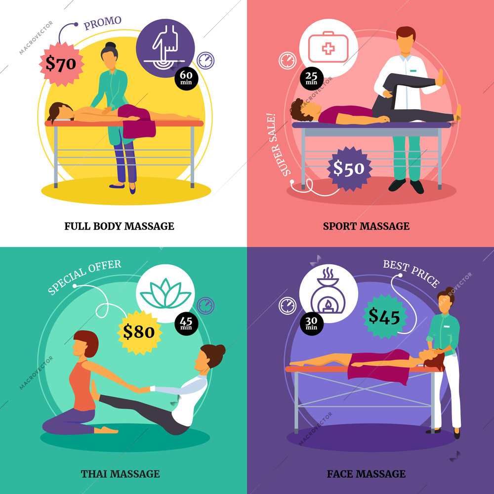 Massage and health concept icons set with full body and sport massage symbols flat isolated vector illustration