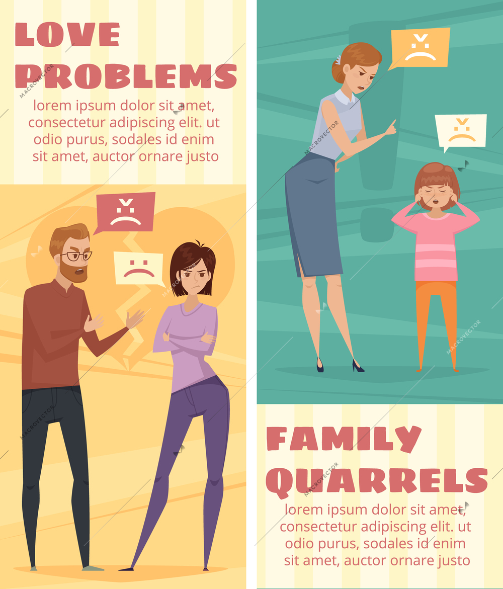 Conflict vertical banners with arguing love couple and mother and child quarrel in flat style vector illustration