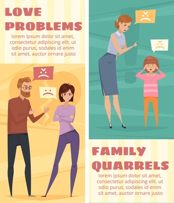 Conflict vertical banners with arguing love couple and mother and child quarrel in flat style vector illustration