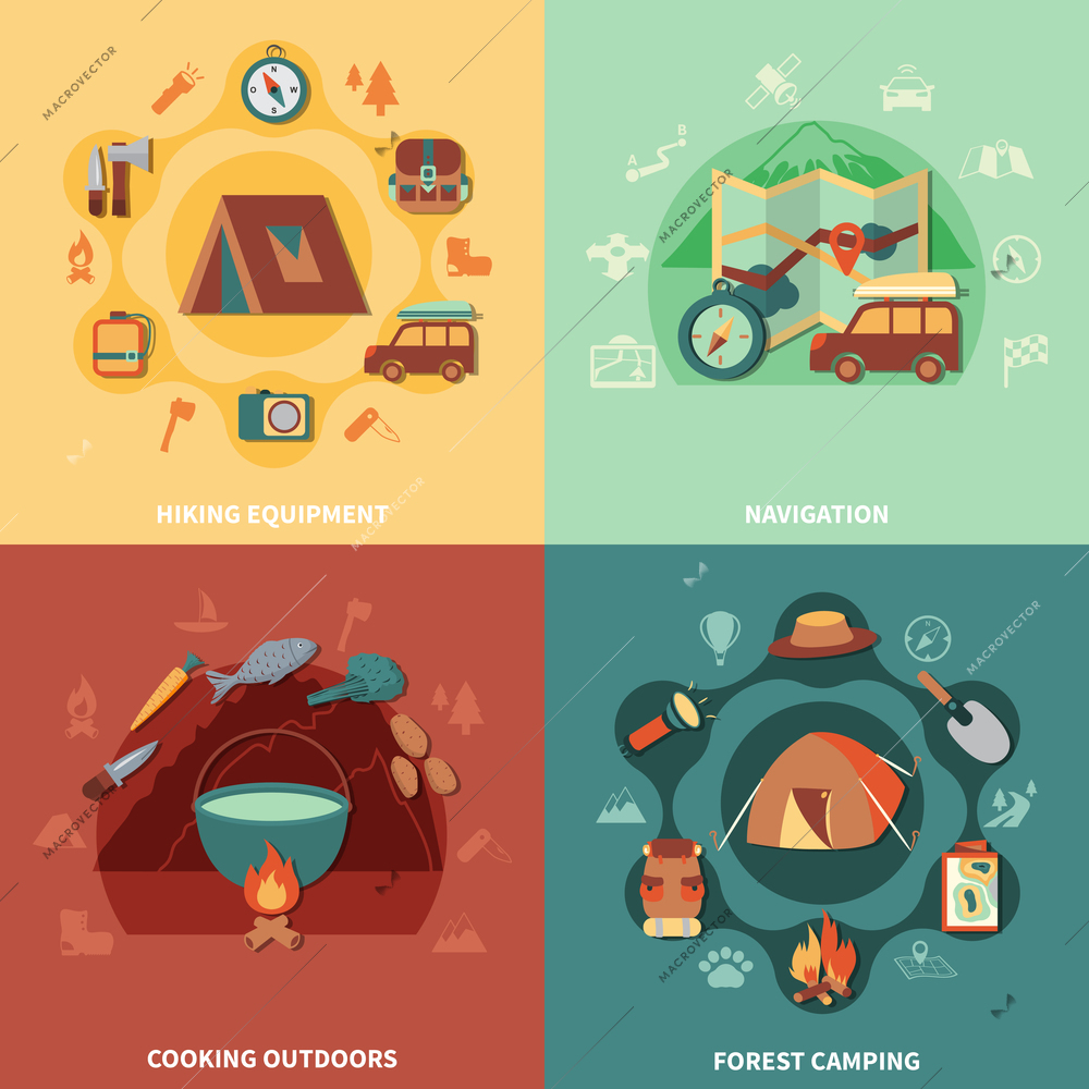 Camping flat set with hiking equipment and outdoors cooking icons isolated vector illustration