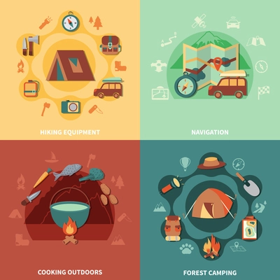 Camping flat set with hiking equipment and outdoors cooking icons isolated vector illustration