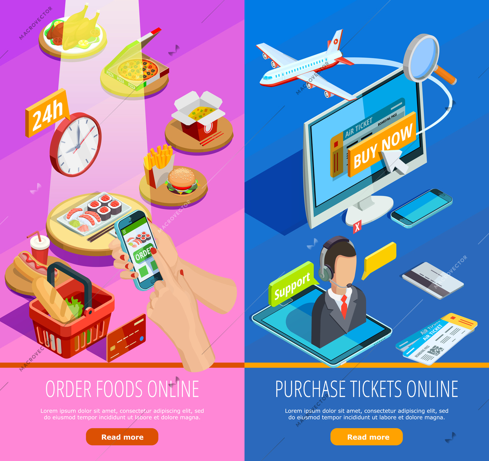 Travel tickets booking and grocery food products online order 2 colorful vertical isometric banners isolated vector illustration