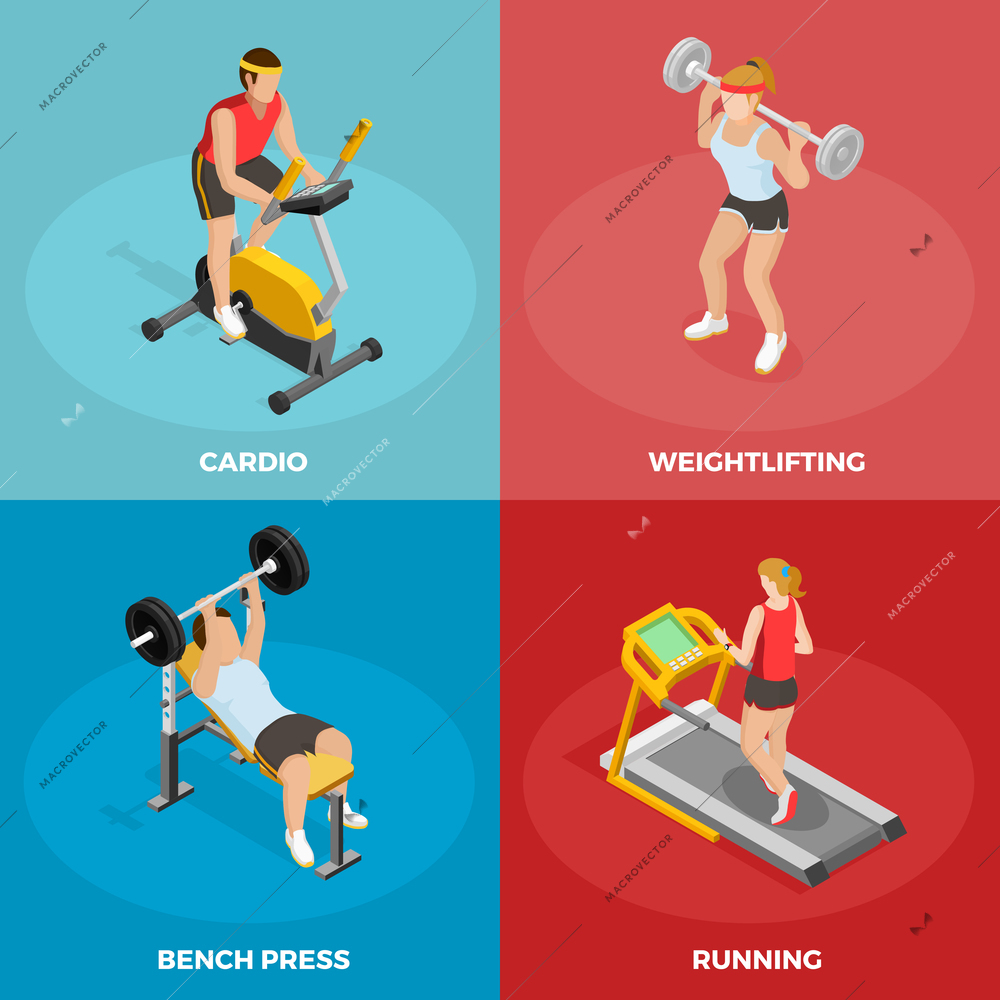 Gym sport isometric concept with different physical activities and sports exercises isolated vector illustration