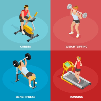 Gym sport isometric concept with different physical activities and sports exercises isolated vector illustration