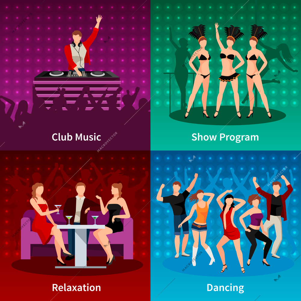 Sexy salsa dancing at night club 4 flat icons square strip show program poster isolated vector illustration