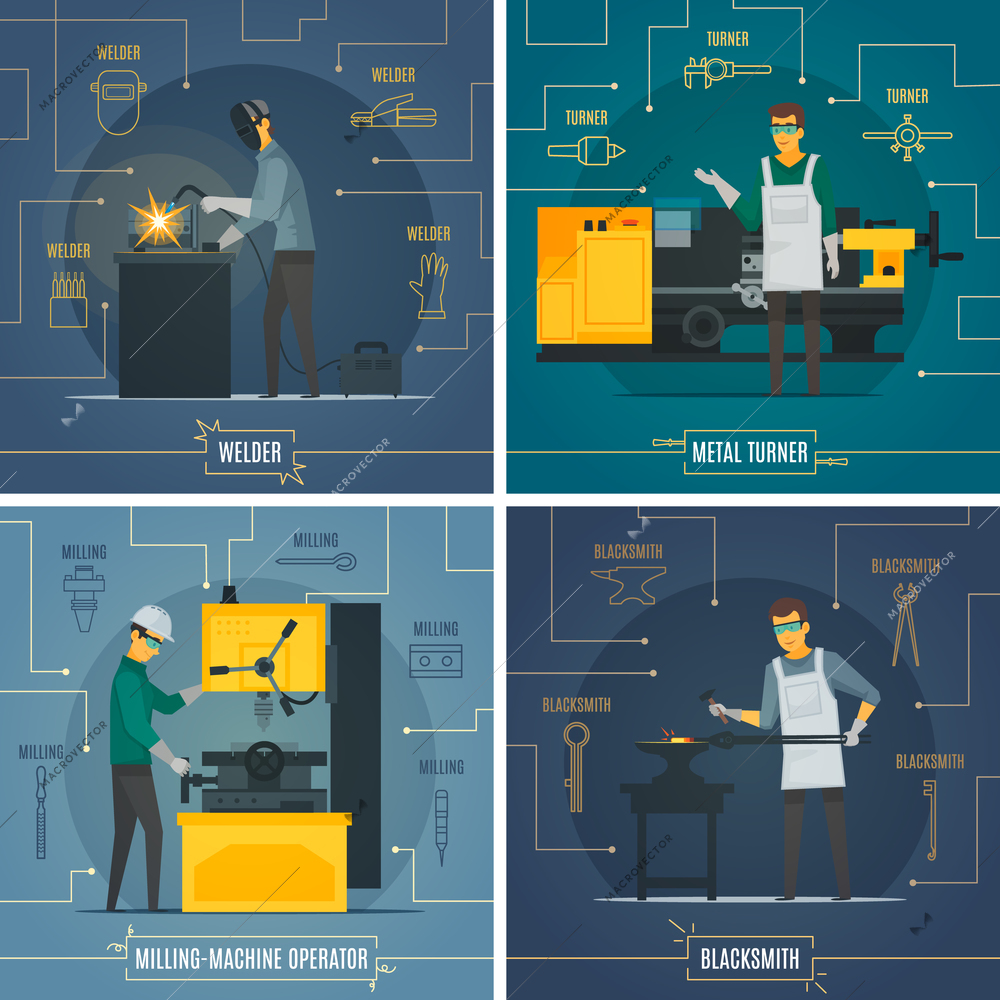 Blacksmith metalworking 4 flat icons square composition with infographic elements of melting welding turning process isolated vector illustration