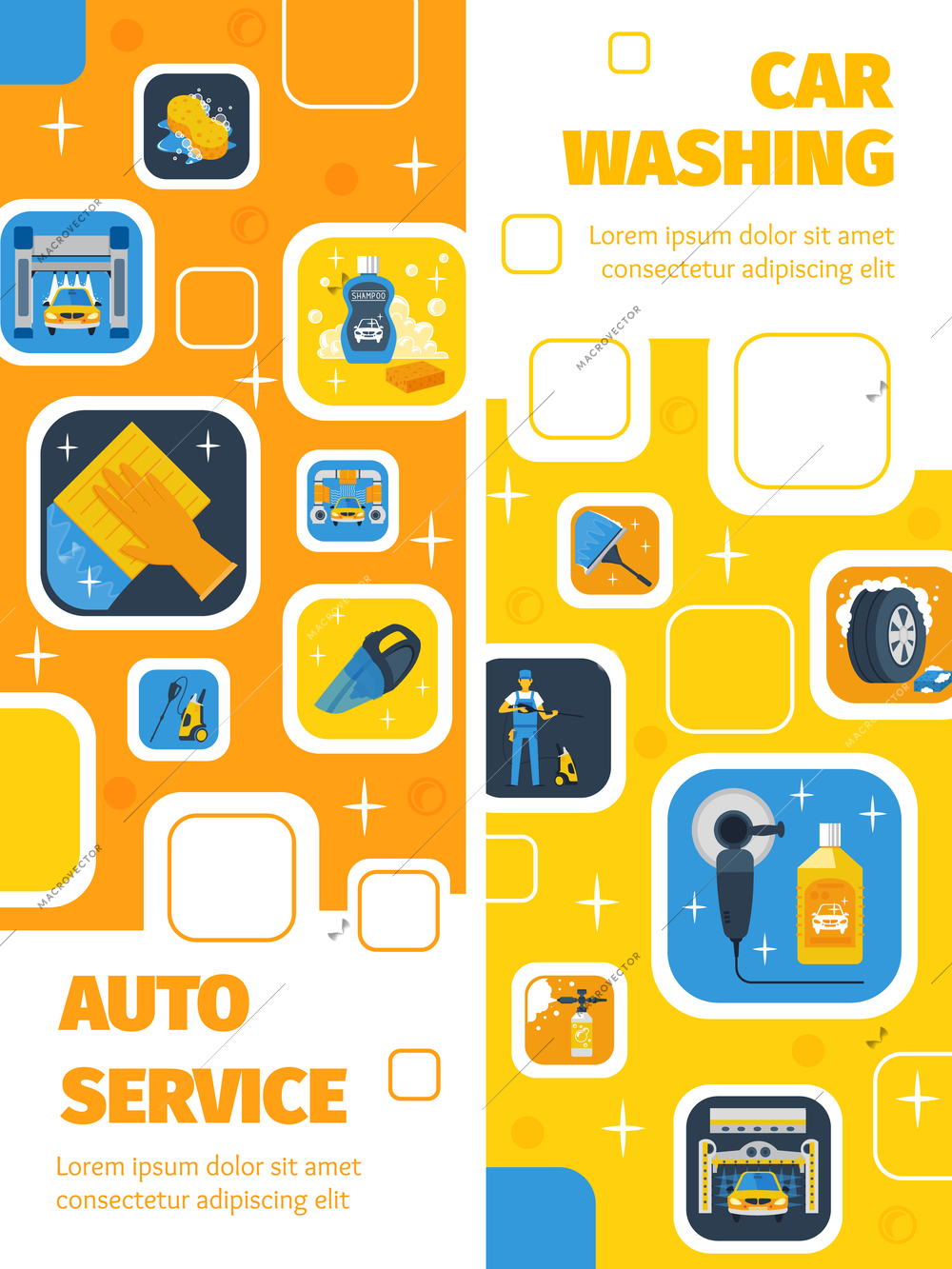 Auto Service with car wash center 2 flat vertical banners advertisement cleaning products symbols isolated vector illustration