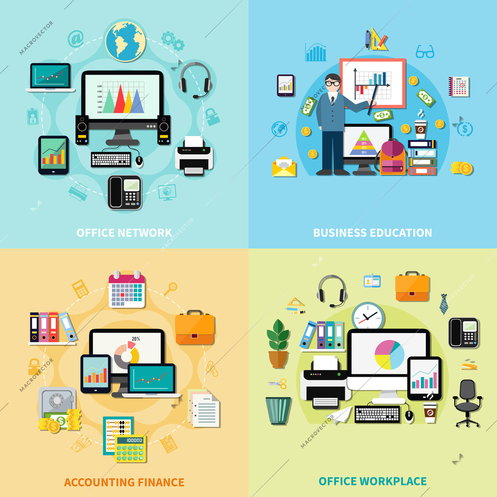 Office workplace 2x2 design concept with business education accounting finance and network flat compositions vector illustration