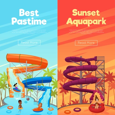 Aquapark vertical banners with water pipes pool and children in the day and sunset time vector illustration