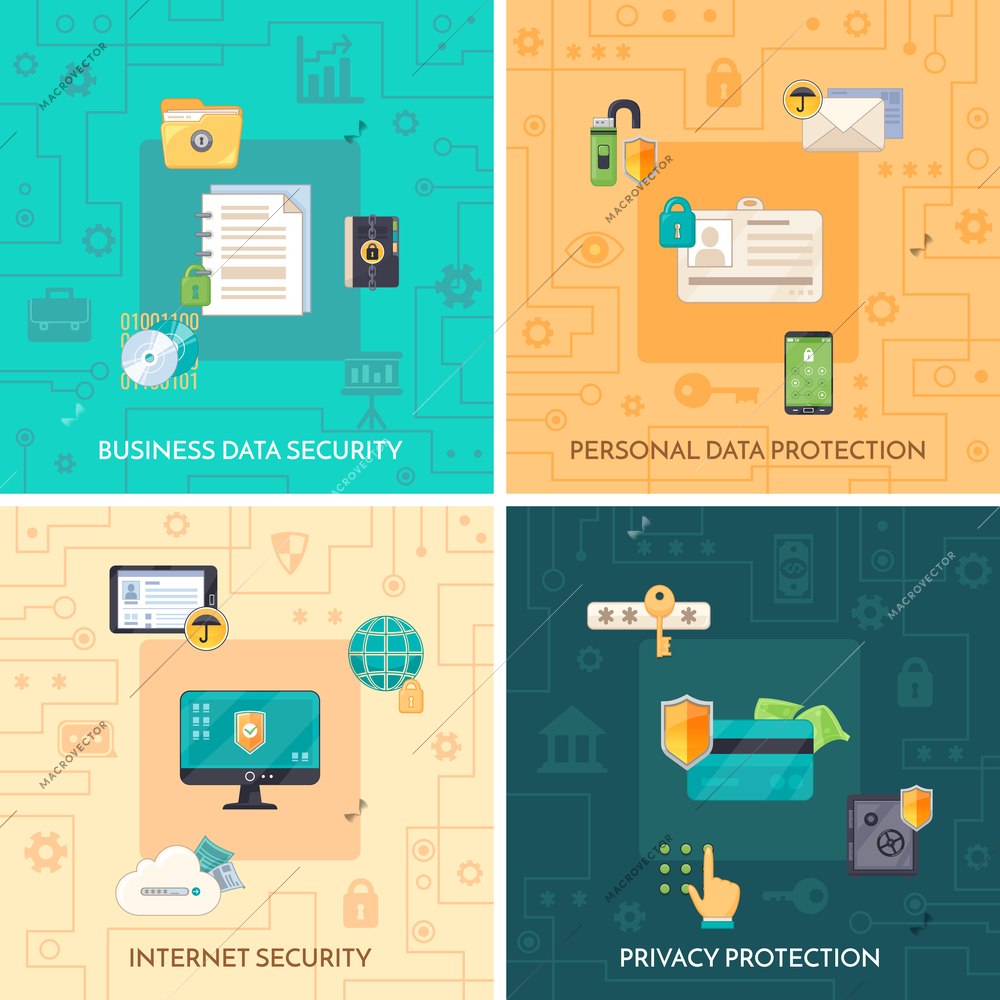 Internet security 4 flat icons square composition with personal private and business data protection symbols isolated vector illustration