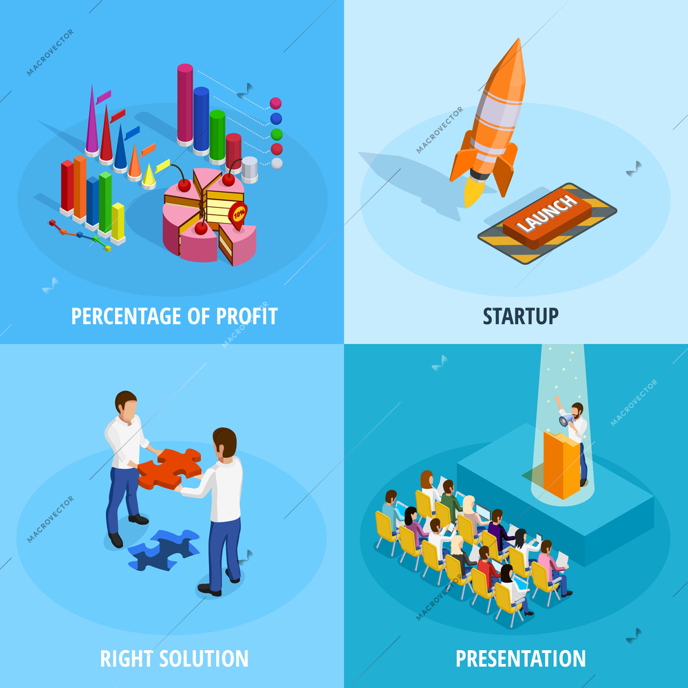 Business goal achievement isometric concept with different means and procedures for project implementation isolated vector illustration