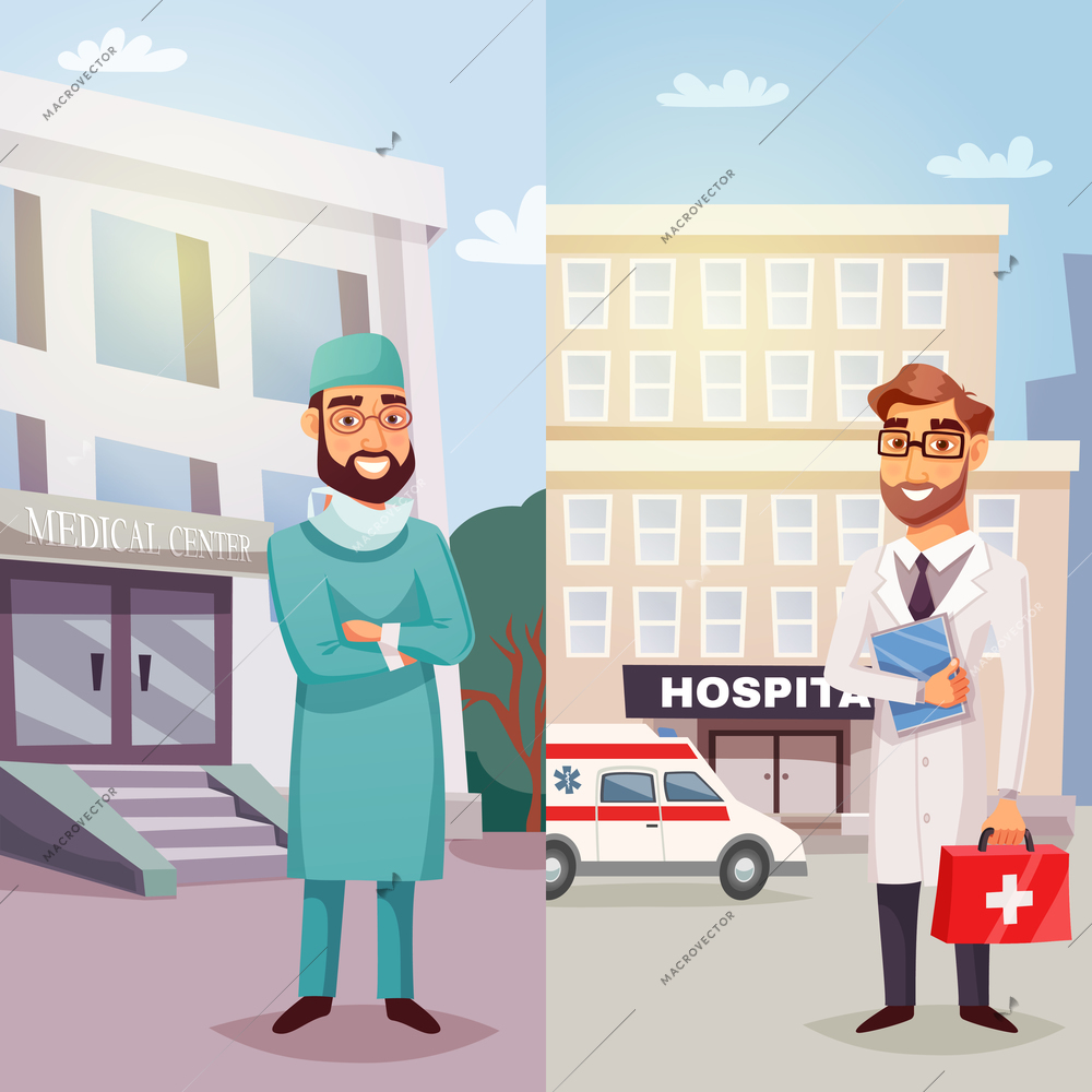 Cheerful doctors vertical banners with specialists standing near medical center and hospital in flat style vector illustration