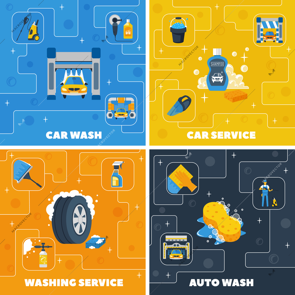 Auto center car wash 4 flat icons square composition with self and full  service isolated vector illustration