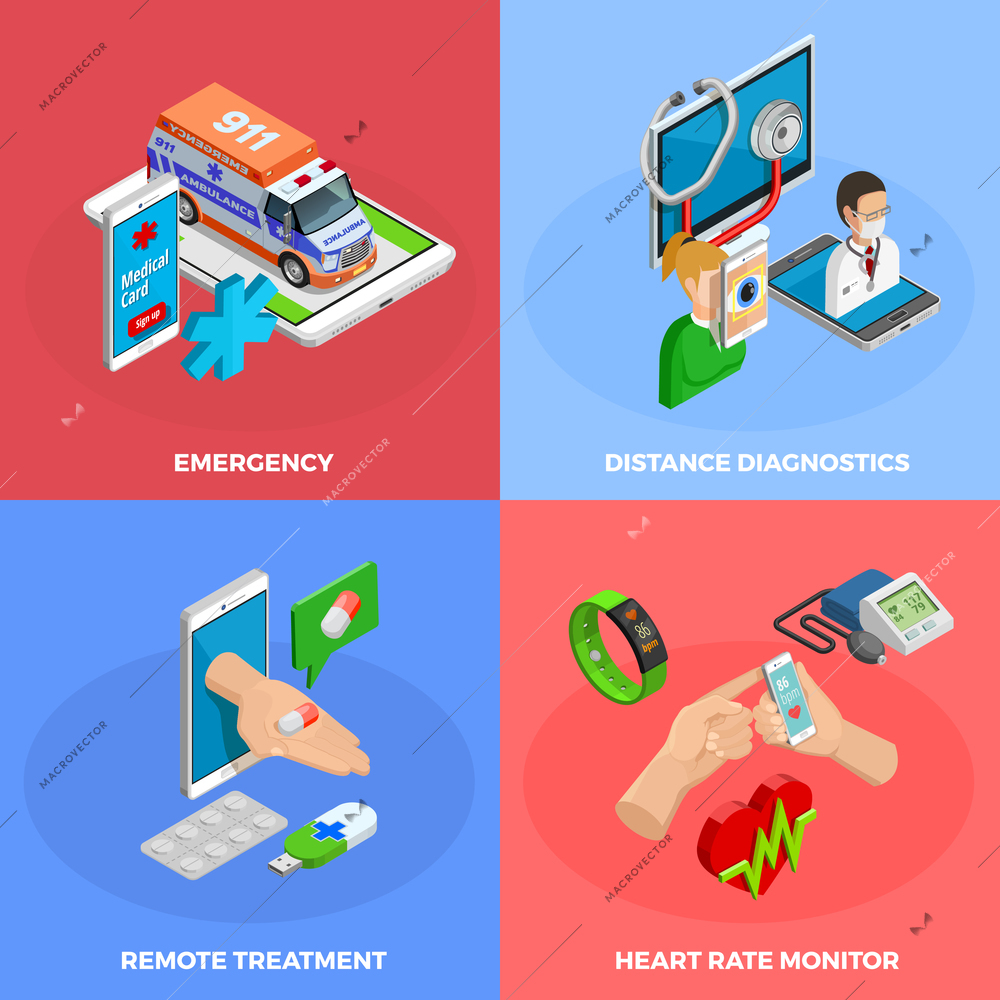 Digital health isometric concept with modern gadgets and methods of medical monitoring and treatment isolated vector illustration